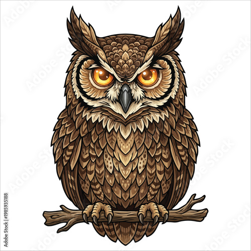 Detailed illustration of a majestic great horned owl perched on a branch, its piercing orange eyes conveying wisdom and nocturnal vigilance, a symbol of nature's wild beauty