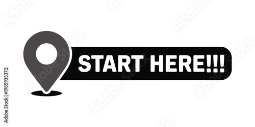 A black marker style graphic with a location pin and start message