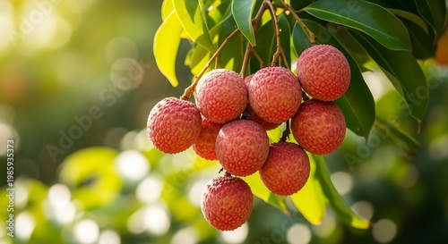 A vibrant cluster of red lychee fruits hanging from a tree branch with green leaves on a sunny day with bokeh background
