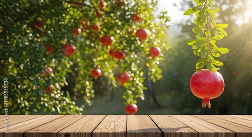 A vibrant pomegranate hangs from a tree branch over a rustic wooden table in an orchard with lush greenery and sunlight filtering through