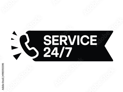 Black ribbon banner displaying service 24 7 with a telephone handset icon