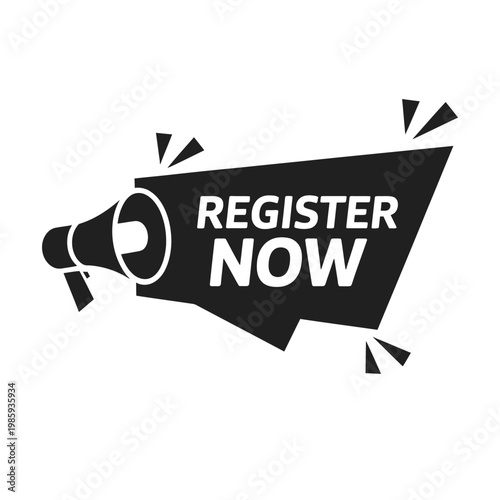 A black megaphone graphic announces register now with dynamic burst shapes