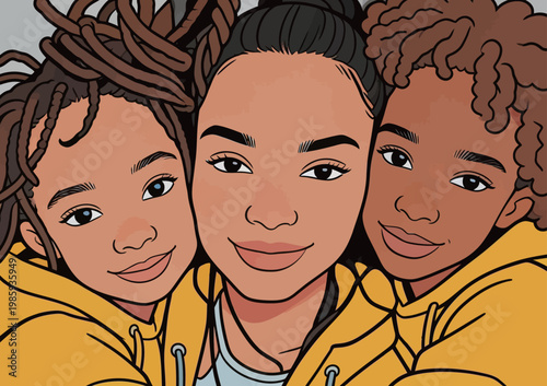 Three smiling kids and mother in yellow hoodies illustration