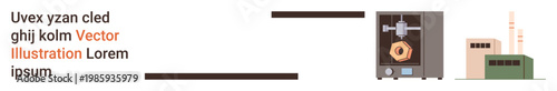 Manufacturing, industrial technology, additive production, automation, production systems, advanced machinery. A 3D printer creating a component with factory buildings nearby. Manufacturing