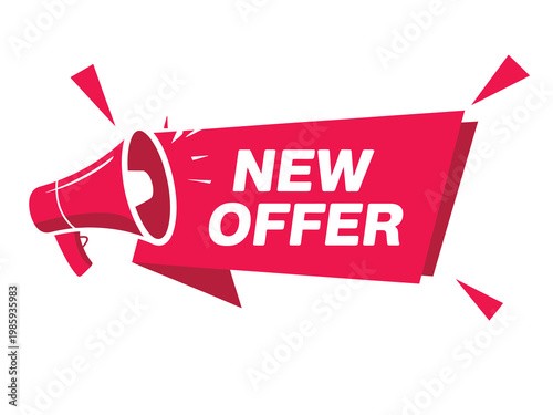 A vibrant red megaphone graphic announces a new offer with bold white text