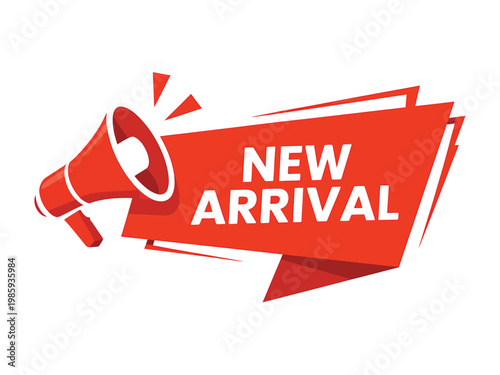 A vibrant red banner announces a new arrival with a megaphone illustration