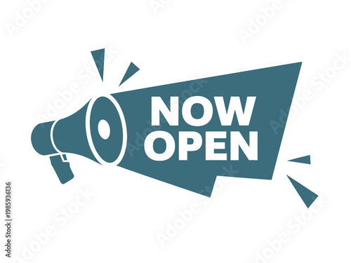 A teal megaphone graphic displays the words now open in white lettering