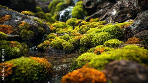 Close-up of vibrant green and orange moss growing around a small, clear stream flowing through rocky terrain