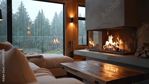 Cozy living room with a modern fireplace and a stunning view of a rainy forest through large windows