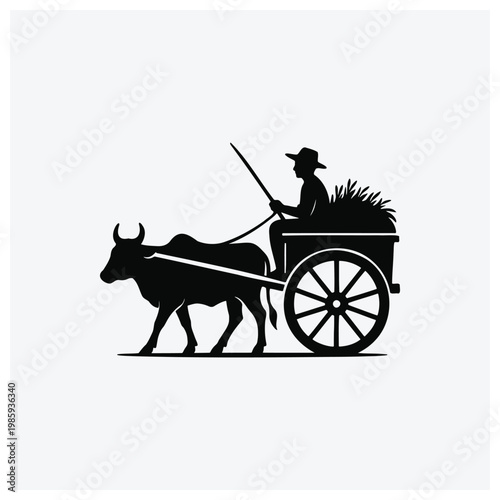 Rural scene illustration of an ox pulling a cart, featuring a farmer guiding the animals, perfect for farm or rustic themes.