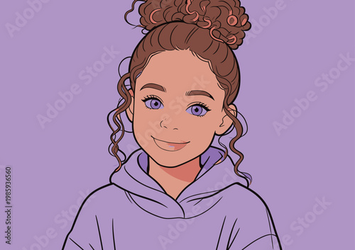 Cartoon Girl with Curly Hair and Purple Hoodie