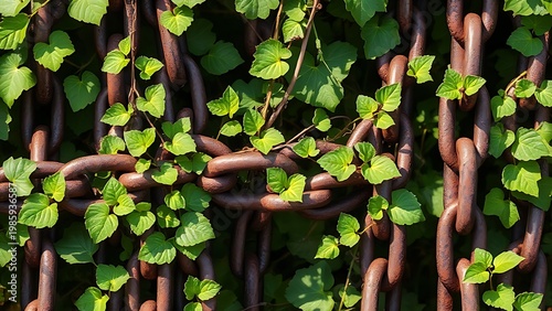 Thick rusted iron chains broken apart by vigorous green vines in natural light.