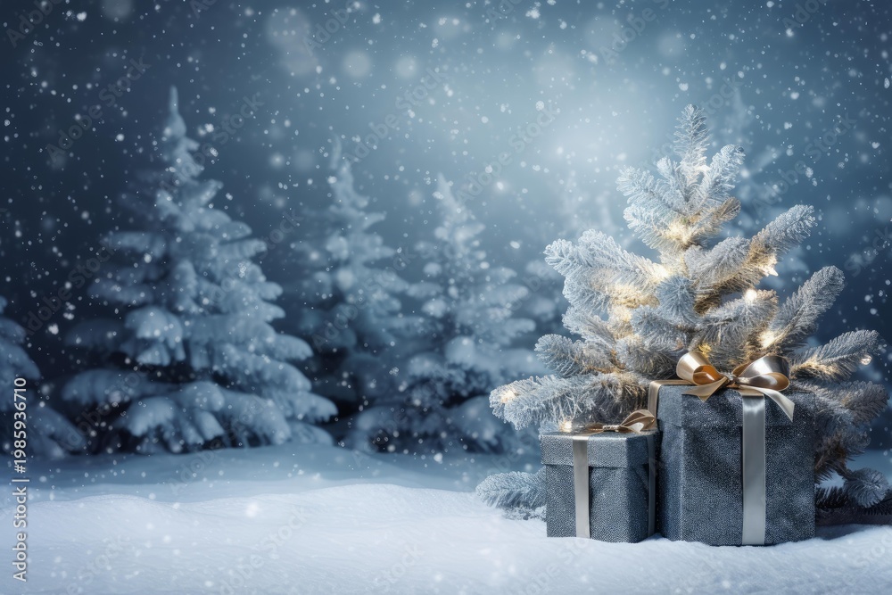 Fototapeta premium Presents sitting under a snow covered christmas tree with lights in a winter forest during snowfall