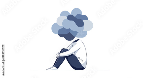 Sad businessman sitting with a cloud of thoughts on his head feeling overwhelmed