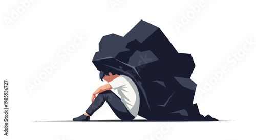 Sad person sitting under a large shadow or silhouette feeling overwhelmed