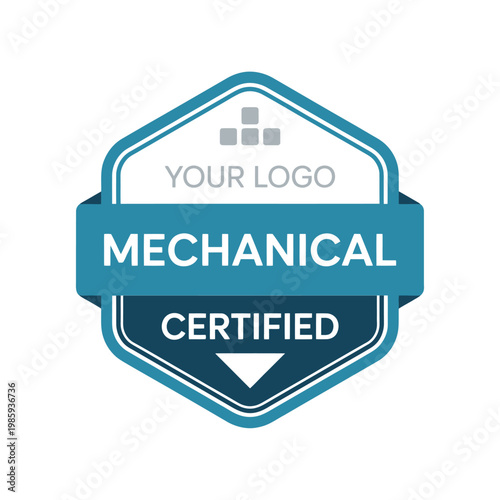 A blue and gray mechanical certified badge with a geometric design above text