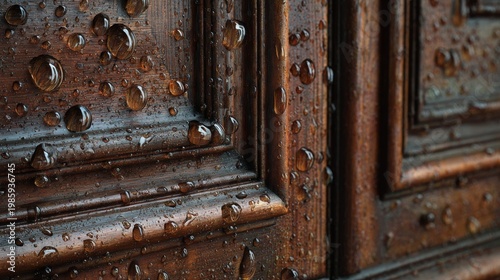 Close-up of richly textured, dark wood with glistening water droplets, reflecting light and texture. Detailed, macro view