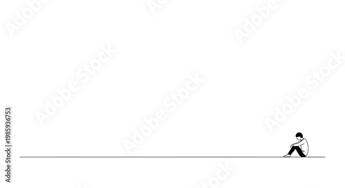 Lonely person sitting isolated on a long line with plenty of empty space