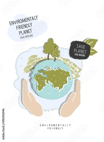 Vector cartoon sketch of green planet with supporting hand. Environmentally friendly planet concept. Alternative green energy concept. Sustainable lifestyle.