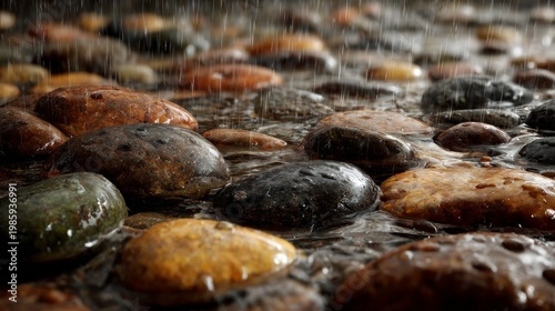 Rain falls on smooth, multicolored stones creating ripples & reflections, showcasing textures. Close-up water droplets