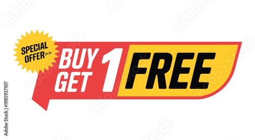 Bright red and yellow promotional banner advertising a buy one get one free offer