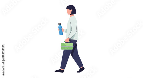 Woman walking with lunch box and water bottle. Vector illustration of person carrying green lunch box and blue bottle. Office worker or student. Simple flat design. White background.