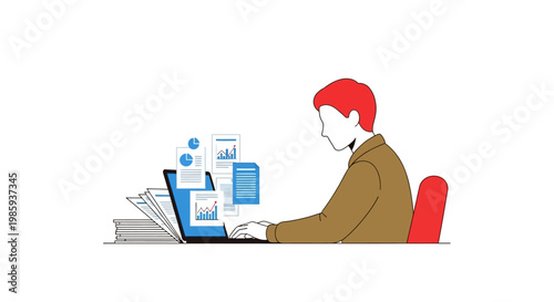 Man sitting at desk working on laptop. Person typing on computer. Red haired man in brown shirt. Vector illustration of person with laptop on white background. Simple flat design.