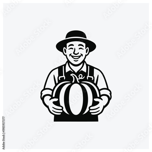 Happy farmer holding pumpkins silhouette icon