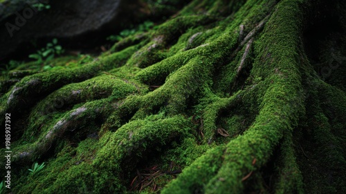 Close-up of a tree's exposed roots, covered in vibrant green moss. Sunlight subtly highlights the texture. Nature