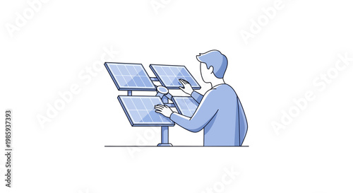 Man installing solar panels. Renewable energy system. Sustainable power generation. Solar panel installation. Eco-friendly technology. Vector illustration.