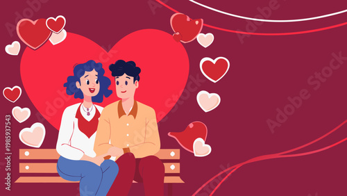 Loving couple sitting on bench with red hearts background vector illustration for valentine's day
