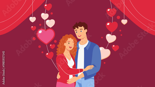 Loving couple embracing on valentine's day with hearts and red background romantic flat vector illustration for love and relationship concepts