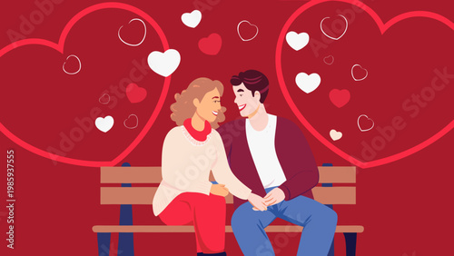 Loving couple sitting on bench with hearts valentine's day flat vector illustration