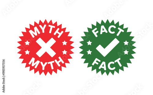 Myth versus fact Two star shaped badges with opposing symbols and colors