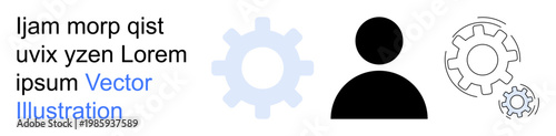 Technology, user interface, system settings, business tools, automation, software development. Black user icon, gear symbols in gray and outlined forms. Technology and user interface concept