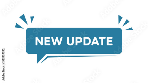 A blue speech bubble graphic announces a new software or product update