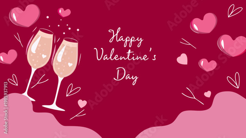 Happy valentine's day flat vector illustration with champagne glasses and pink hearts on red background