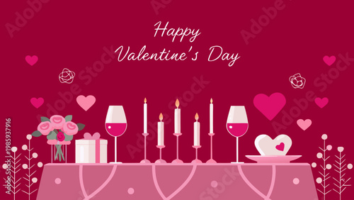Romantic valentine's day dinner setup with wine glasses candles and flowers on a pink tablecloth