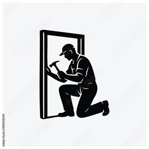 Man worker installing or fixing a door, represented as a silhouette illustration.