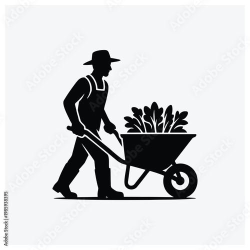 Minimal silhouette illustration of a farmer pushing a cart full of fresh vegetables and produce
