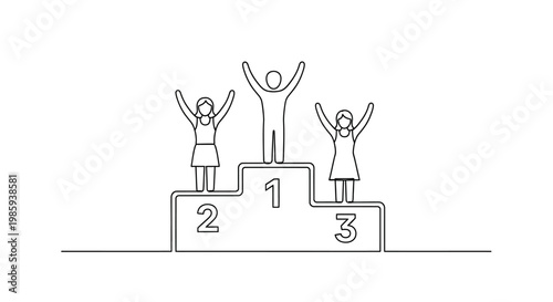 Trio celebrating on winners podium, first place champion, isolated line art illustration