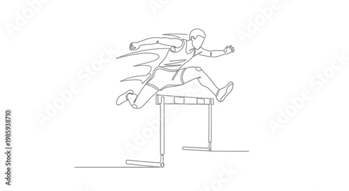 Athletic Hurdler Jumping Over Obstacle in Continuous Line Art Style