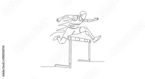 Athlete jumping over hurdle in continuous line drawing style