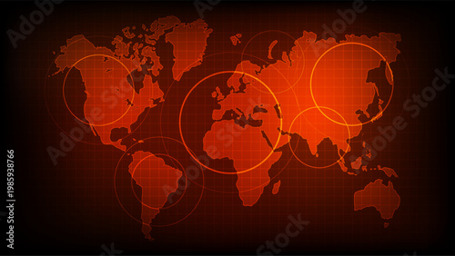 World map war crisis with red grid and alert circles showing global danger warning zones and geopolitical conflict concept background, vector illustration