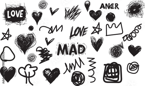 Scribble doodle elements for poster, social media. Handwritten love, mad, irritation, anger doodles. Rough emotional hand drawn ball pen sketch grunge vector illustration.