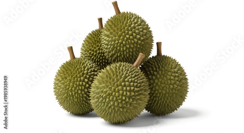 A group of spiky durian fruits is stacked on a pure white background in a studio shot, showcasing their distinctive texture and form with soft, diffused lighting and vibrant green hues