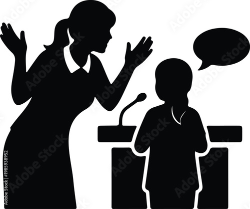 Silhouette adult and child speech discussion at podium vector design