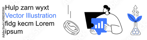 Business growth, data analysis, financial trends, investment strategies, digital marketing, profit increase. Person holding graph, coin plant with arrows. Business growth and data analysis concept