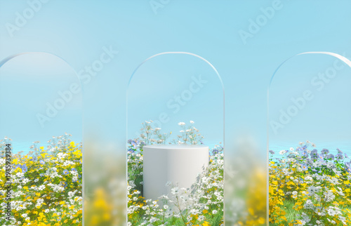 Bild auf Leinwand Natural beauty podium backdrop with spring landscape scene