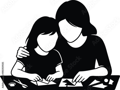 Silhouette happy mother and daughter crafting together vector design